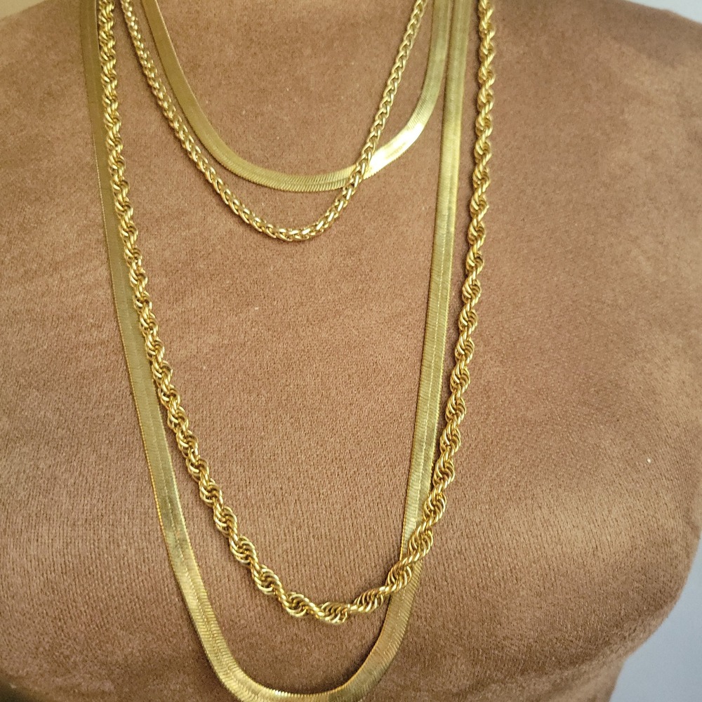 Gold Layered Necklace Set Herringbone Rope Wheat Chain 18-28 Inch Minimalist